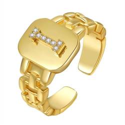 HIJONES Initialenring mit Diamant für Damen Verstellbar Stapelbarer Offener Alphabet Ring Einfacher Statement Ehering Gold I von HIJONES