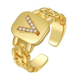 HIJONES Initialenring mit Diamant für Damen Verstellbar Stapelbarer Offener Alphabet Ring Einfacher Statement Ehering Gold V von HIJONES
