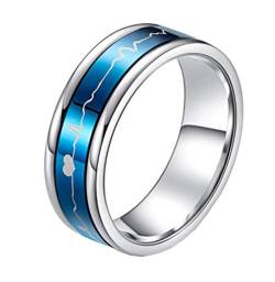 HIJONES Unisex 7MM Liebe ECG Herzschlag Spinner Ring aus Edelstahl Eheringe Hochzeit Versprechen Ringe Blau Größe 62 von HIJONES