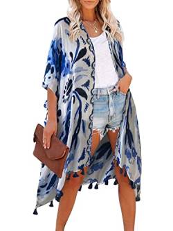 HIKARO Damen Floral Lange Kimono Cardigan Bademode Cover Ups Druck Boho Strand Bikini Front Open Loose Shawl Bluse von HIKARO