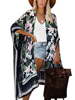 HIKARO Damen Kimono-Cardigan Pareo mit Blumenmuster, Boho-Bikini-Badebekleidung von HIKARO