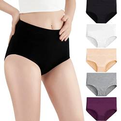 HIKARO Unterhosen Damen 5er Pack Unterwäsche Baumwolle Slip Hohe Taille Pantys Frauen Höschen Mehrfarbig_Schwarz&Weiß&Grau&Beige&Lila_XS von HIKARO