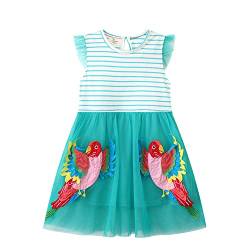 HIKIDS Mädchen Kleid Tutu Kurz Mädchen Kleid Festlich Kinder Kleider Tüll Elegant Geburtstag Kleid Sommer Ärmellos Papagei Streifen Grün Partykleid Casual Tütü Falten Kleider 4 Jahre von HIKIDS