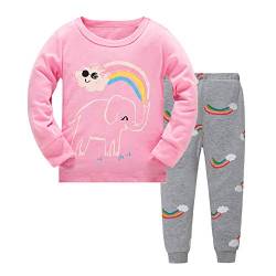 HIKIDS Mädchen Schlafanzug Mädchen Regenbogen Elefant Langarm Zweiteiliger Schlafanzug Kinder Herbst Winter Bekleidung Nachtwäsche Pyjama Set 116 von HIKIDS