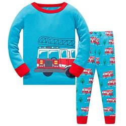 Jungen Schlafanzug Jungen Feuerwehrauto Langarm Zweiteiliger Schlafanzug Kinder Herbst Winter Bekleidung Nachtwäsche Feuerwehr Pyjama Set 104 von HIKIDS