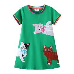 Mädchen Kleid Sommer Katze Rosa Casual T-Shirt Kleider Baby Baumwolle A-Linie Freizeitkleid Kurzarm Partykleid Kinder Falten Rock Strandkleid 7 Jahre von HIKIDS