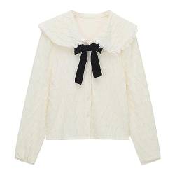 Damen Langarm Casual Shirt Nette Peter Pan Kragen Japanischer Stil Süße Bow Button Down Bluse Tops (XL) von HIMI HIMIFASHION