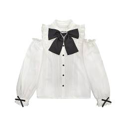 Damen Off Shoulder Tops Japanischer Stil Sweet Bow Button Down Shirt Stand Kragen Langarm Lolita Bluse (as3, Alpha, m, Regular, Regular, White) von HIMI HIMIFASHION