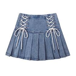 Damen Sommer High Taille Mini Röcke Japanischer Stil Süße Lace Up A-Linie Plissee Casual Denim Short Röcke (as3, Alpha, l, Regular, Regular) von HIMI HIMIFASHION