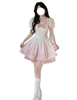 Damen Sommerkleid Süße Schleife Hohe Taille A-Linie Minikleider Puffärmel Farbverlauf Prinzessin Party Kleid, Beige / Pink, Small von HIMI HIMIFASHION