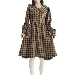 Damen Vintage Langarm Kleid Japanischer Stil Sweet Peter Pan Kragen Hohe Taille A-Linie Plaid Kleider, braun, L von HIMI HIMIFASHION