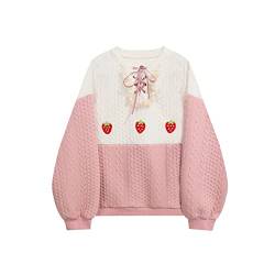 HIMI HIMIFASHION Japanisches süßes lockeres Sweatshirt für Teenager, niedliche Erdbeer-Stickerei, Patchwork, Rundhalsausschnitt, langärmelig, lässiger Pullover-Tops, Pink, 38 von HIMI HIMIFASHION