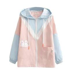 HIMI HIMIFASHION Kawaii Kapuzenjacke Teens Nette Bunny Print Farbblock Wasserdichte Trenchcoat Reißverschluss Hoodie Tops (M) von HIMI HIMIFASHION