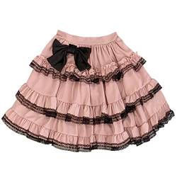 HIMI HIMIFASHION Lolita Minirock für Teenager, Mädchen, süße Schleife, geschichtete Spitze, Rüschen, kurze Skaterröcke, elastische Taille, A-Linie, ausgestellter Rock, rose, Einheitsgröße von HIMI HIMIFASHION