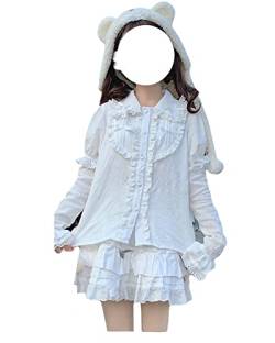 HIMI HIMIFASHION Lolita Shirt für Teenager und Mädchen, japanische süße Schleife, Puppenkragen, langärmelig, Knopfleiste, Hemden, Rüschen, einfarbig, Bluse, weiß, M von HIMI HIMIFASHION