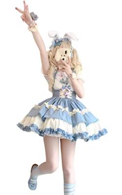 HIMI HIMIFASHION Lolita Süßer kurzer Rock für Teenager, mit Gürtel, elastischer Taille, A-Linie, Strapsrock, blau/weiß, 44 von HIMI HIMIFASHION