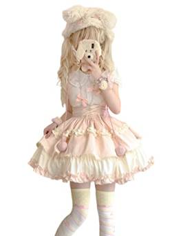 HIMI HIMIFASHION Lolita Süßer kurzer Rock für Teenager, mit Gürtel, elastischer Taille, A-Linie, Strapsrock, pink / weiß, 36 von HIMI HIMIFASHION