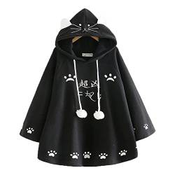 HIMI HIMIFASHION Mädchen Kawaii Hooded Cape Cute Cartoon Cat Footprint Embroidery Cloak Coat Japanese Cozy Warm Outwear Loose Pullover Hoodie, Schwarz , One size von HIMI HIMIFASHION