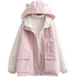 HIMI HIMIFASHION Niedliche Jacke für Mädchen, Kawaii-Hasen-Stickerei, Patchwork, lockerer Reißverschluss, Kapuzenoberteil, lässig, warme Fleece-Oberbekleidung, rose, 42 von HIMI HIMIFASHION