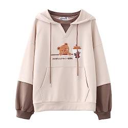 HIMI HIMIFASHION Niedlicher Hoodie für Teenager Mädchen Kawaii Milch Tee Bär Stickerei Kapuzenpullover Patchwork Lose Pullover Hoodies Tops für Frühling Herbst, khaki, One size von HIMI HIMIFASHION