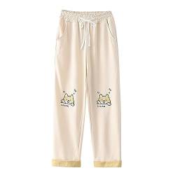 HIMI HIMIFASHION Teen Mädchen Kawaii Hosen Nette Puppy Stickerei Elastische Taille Frühling Herbst Casual Gerade Bein Hosen (Beige) von HIMI HIMIFASHION