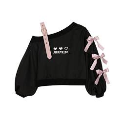 HIMI HIMIFASHION Teenager Mädchen Langarm Sweatshirt Cute Heart Stickerei Sweatshirt Schnürung Off Shoulder Crop Top Casual Loose Pullover, Schwarz , 42 von HIMI HIMIFASHION
