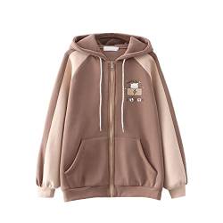 HIMI HIMIFASHION Teenager Mädchen Niedlicher Kapuzenpullover Sweatshirt Kawaii Bär Print Casual Langarm Fleece Hoodies mit Taschen Lose Reißverschluss Kapuzenmantel, braun, 36 von HIMI HIMIFASHION