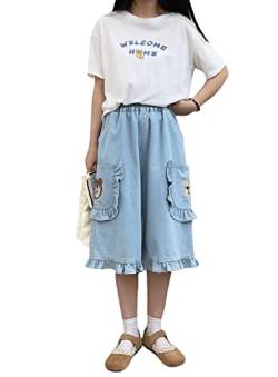 HIMI HIMIFASHION Teenager Mädchen Sommer Elastische Taille Cropped-Hose Niedliche Stickerei 3/4 Länge Weites Bein Hose mit Taschen, hellblau, One size von HIMI HIMIFASHION