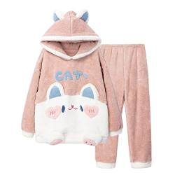 HIMI HIMIFASHION Warmer Damen-Schlafanzug-Set, niedliche Katze, Cartoon, Flanell, Nachtwäsche, Mädchen, Kawaii-Pyjama, gemütlich, weiche Kapuze, Loungewear, Nachtwäsche, rose, 38 von HIMI HIMIFASHION