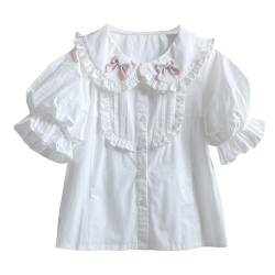 Lolita süße Blusen für Teenager, Puppenkragen, Puffärmel, Button-Down-Shirt, japanischer Stil, Sommerbluse, weiß, X-Large von HIMI HIMIFASHION