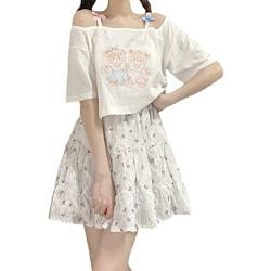 Süßes japanisches T-Shirt Teen Mädchen Kawaii Bären Druck Bowknot Off Shoulder Tee Tops Sommer Casual Lose Kurz T-Shirts, weiß, M von HIMI HIMIFASHION