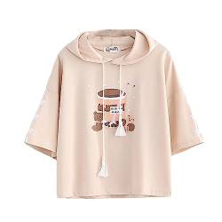 Teen Girls Summer Cute T-Shirt Kawaii Cartoon Print Kurzarm Pullover Tee Loose Hooded T-Shirts, khaki, Einheitsgröße von HIMI HIMIFASHION
