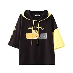 Teenager Mädchen Niedliches Sommer T-Shirt Kawaii Welpe Print Patchwork Kapuzen-T-Shirt Casual Lose Kurzarm Tops, Schwarz , Einheitsgröße von HIMI HIMIFASHION