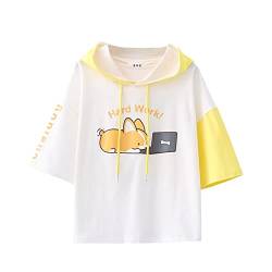 Teenager Mädchen Niedliches Sommer T-Shirt Kawaii Welpe Print Patchwork Kapuzen-T-Shirt Casual Lose Kurzarm Tops, weiß, Einheitsgröße von HIMI HIMIFASHION