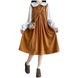 Teens Japanischer Stil Süßes Kleid Hohe Taille Langarm Niedliche Puppenkragen Fake Zweiteilige Cordkleider, braun, X-Large von HIMI HIMIFASHION