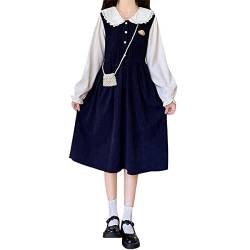 Teens Japanischer Stil Süßes Kleid Hohe Taille Langarm Niedliche Puppenkragen Fake Zweiteilige Cordkleider, marineblau, L von HIMI HIMIFASHION