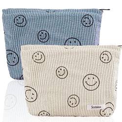 2 Stück Smile Face Kord Make up Taschen, Kosmetiktasche Klein mit Reißverschluss für Handtasche, Corduroy Smile Kosmetiktasche, Waschtasche für Reisen Damen (Weiß+Blau) von HIMS
