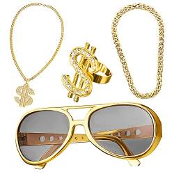 4 Stück Dollar Kette set,Hiphop Schmuck,Hip Hop Kostüm Set,80er Outfit Herren Kostüm,Gangster Kette,Rapper Accessoires,Fasching & Karneval für 70er,80er,90er Jahre Accessoires von HIQE-FL