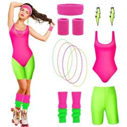 HIQE-FL 80er Jahre Accessoires Outfit Damen,Damen 80er Jahre Workout Kostüm,80er Jahre Outfit Damen 80er Jahre Accessoires,mit Bauchtasche,4 Perlen Neonhalsketten,für Karneval,Fasching,Mottoparty. von HIQE-FL