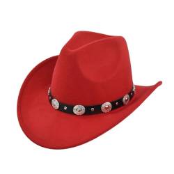 HIQIU Vintage Classisch Cowboyhut Damen Herren,Westernhut Filzhut breite Krempe Gürtelschnalle Dekor Panama Fedora Hut (Rot) von HIQIU