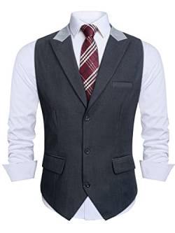 HISDERN Anzug Weste Herren Grau Anzugweste Elegant Anzugwesten Regular Fit Herrenweste Hochzeitsweste für Männer Hochzeit Westen mit Revers,Dunkelgrau,3XL von HISDERN