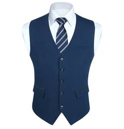 HISDERN Anzugweste Navy Blau Herren Elegant Hochzeit Weste Anzug Klassische Einfarbig Businessweste Formelle Smoking Anzugwesten mit Taschen XS von HISDERN