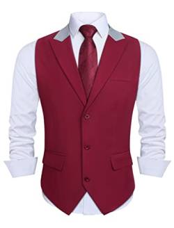 HISDERN Anzugweste für Herren Rot legant Anzug Weste Regular Fit Weihnachtsweste Herrenweste Hochzeitsweste Männer Hochzeit Anzugwesten mit Revers,Burgunderrot,XL von HISDERN