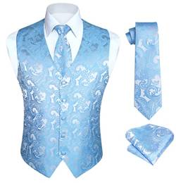 HISDERN Blaue Weste Herren Paisley Westen Floral Jacquard Krawatte Einstecktuch Einstecktuch Hochzeit Business Fit Weste Anzug Set M von HISDERN