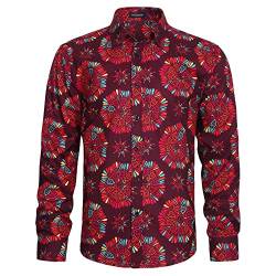 HISDERN Blumen Hemd Herren Langarm Freizeithemd Rot Muster Funky Hemd Regular Fit Casual ShirtsXXL von HISDERN