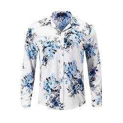 HISDERN Blumen Hemden Herren Langarm, Freizeithemden Button Down Funky Shirt Männer Bedrucken Blumig Casual Shirts Für Party Hochzeit,Weiß und Blau,XXL von HISDERN