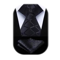 HISDERN Extra Long Check Plaid Tie Handkerchief Funeral Men's Necktie & Pocket Square Set For Formal Business Black von HISDERN