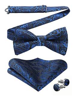 HISDERN Fliege Blau Herren Paisley Fliegen und Einstecktuch mit Manschettenknöpfe Set Verstellbare Fliege Taschentuch für Hochzeit Party Weihnachten,Blau von HISDERN