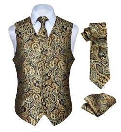 HISDERN Goldweste Paisley herren Blumen Hochzeit Schwarzes GoldWeste Krawatte Einstecktuch Taschentuch Jacquard Abschlussball Weste Anzug Set Gold, Gr.-M von HISDERN