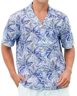 HISDERN Hawaii Hemd Herren Blau Baumwolle Beilaufig Kurzarm Sommerhemd Palmen Muster Hemden für Urlaubs Strand S von HISDERN